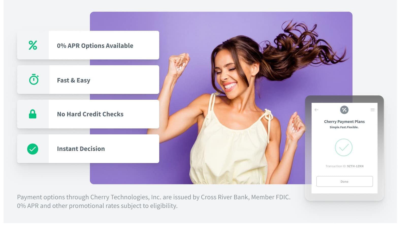 Payment options with happy customer illustration.