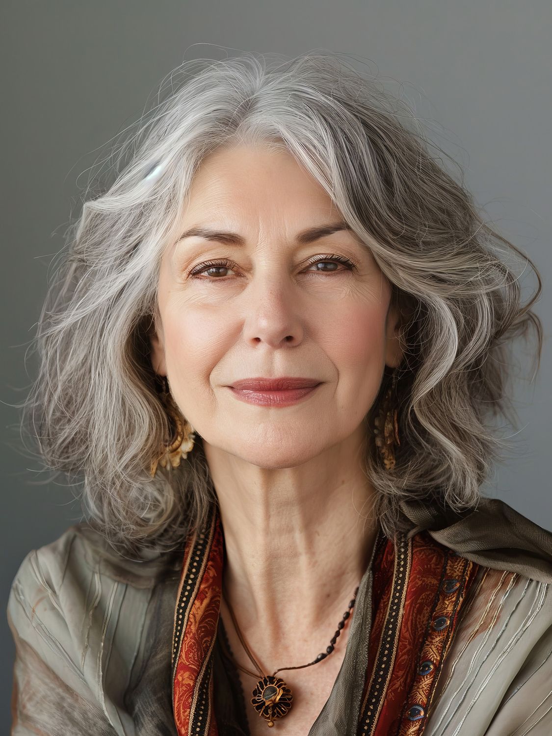 Woman with gray hair and elegant necklace.