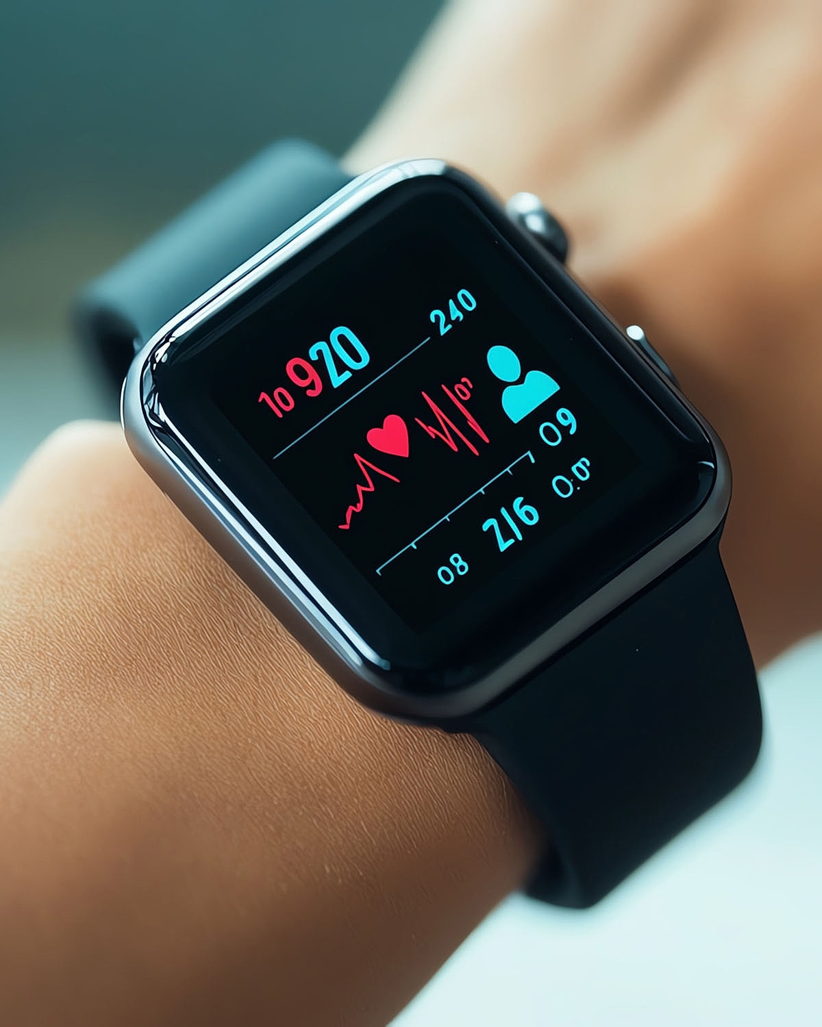 Smartwatch displaying heart rate and health metrics.