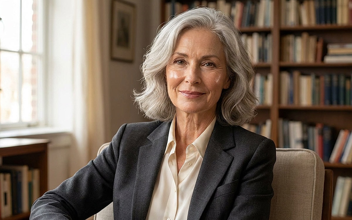 Smiling woman in professional attire, bookshelf background.
