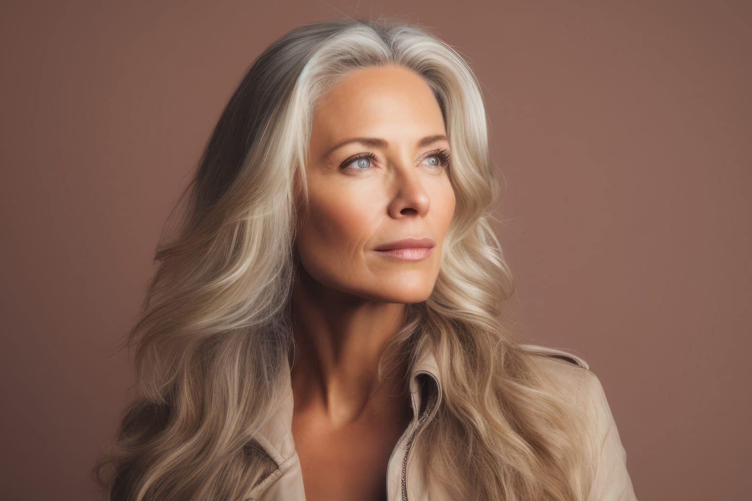 Elegant woman with long, flowing silver hair.