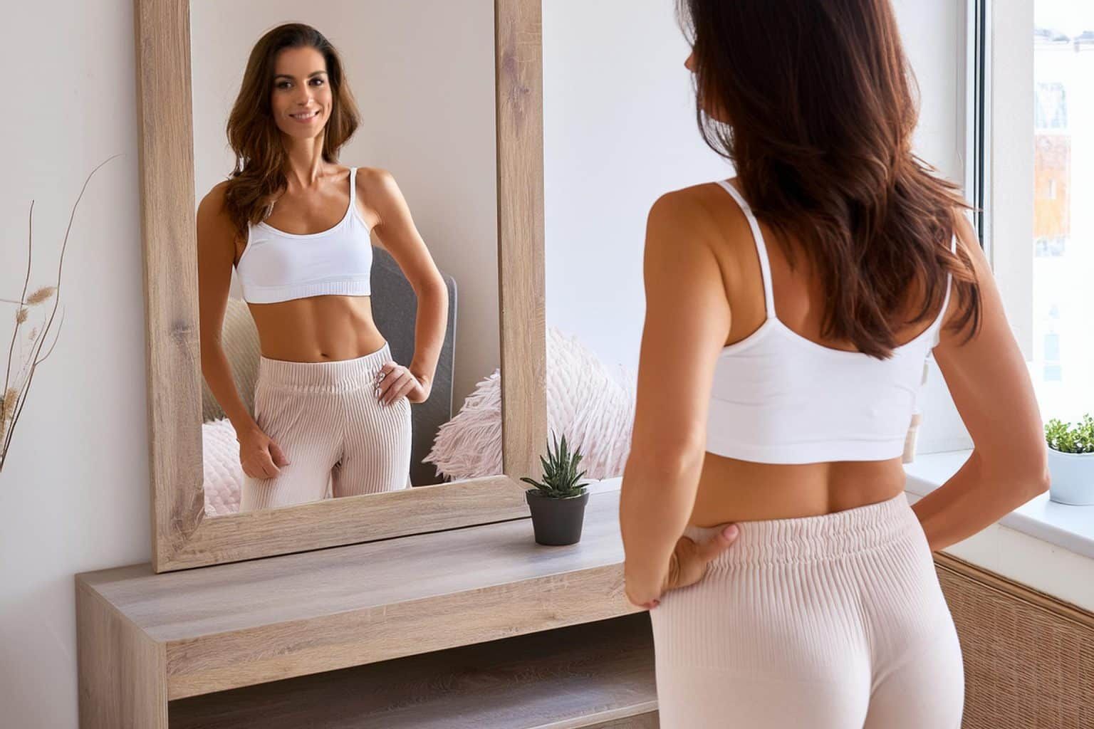 Woman admiring reflection in a mirror.