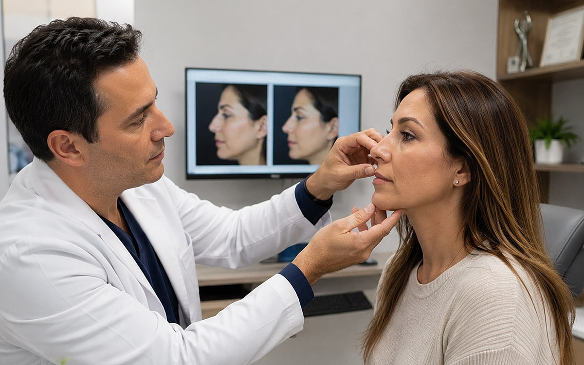 Doctor examining patient's face for aesthetic treatment.