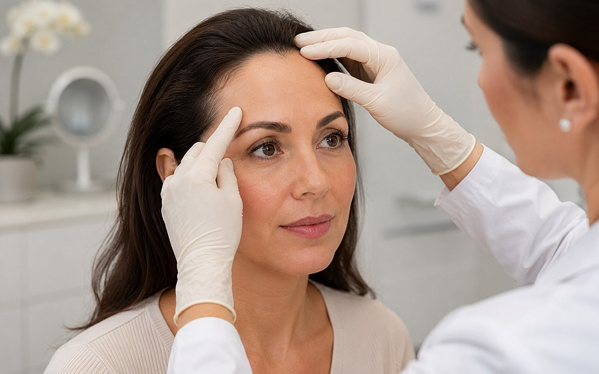 Woman receiving a skincare consultation treatment.