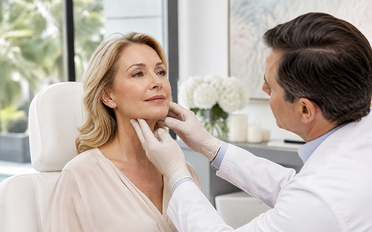 Patient receiving a skincare consultation from specialist.