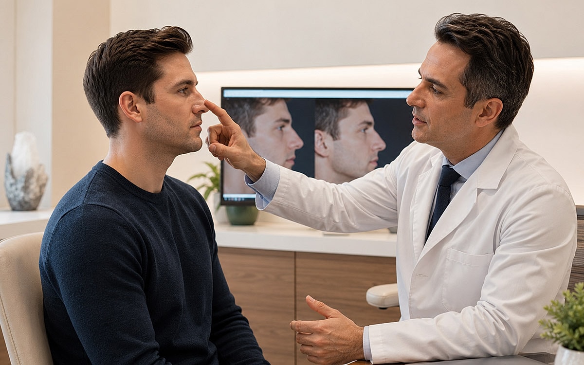 Consultation for nasal cosmetic procedure in progress.