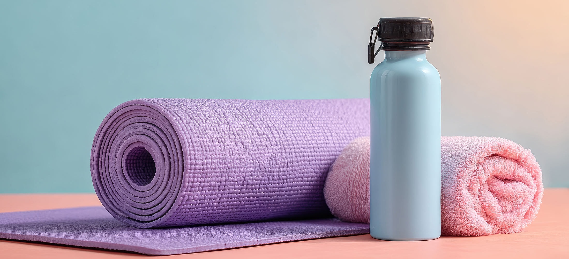 Yoga mat, towel, and water bottle setup.