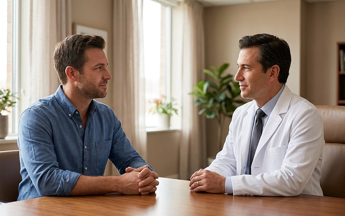 Patient consulting with doctor in office setting.
