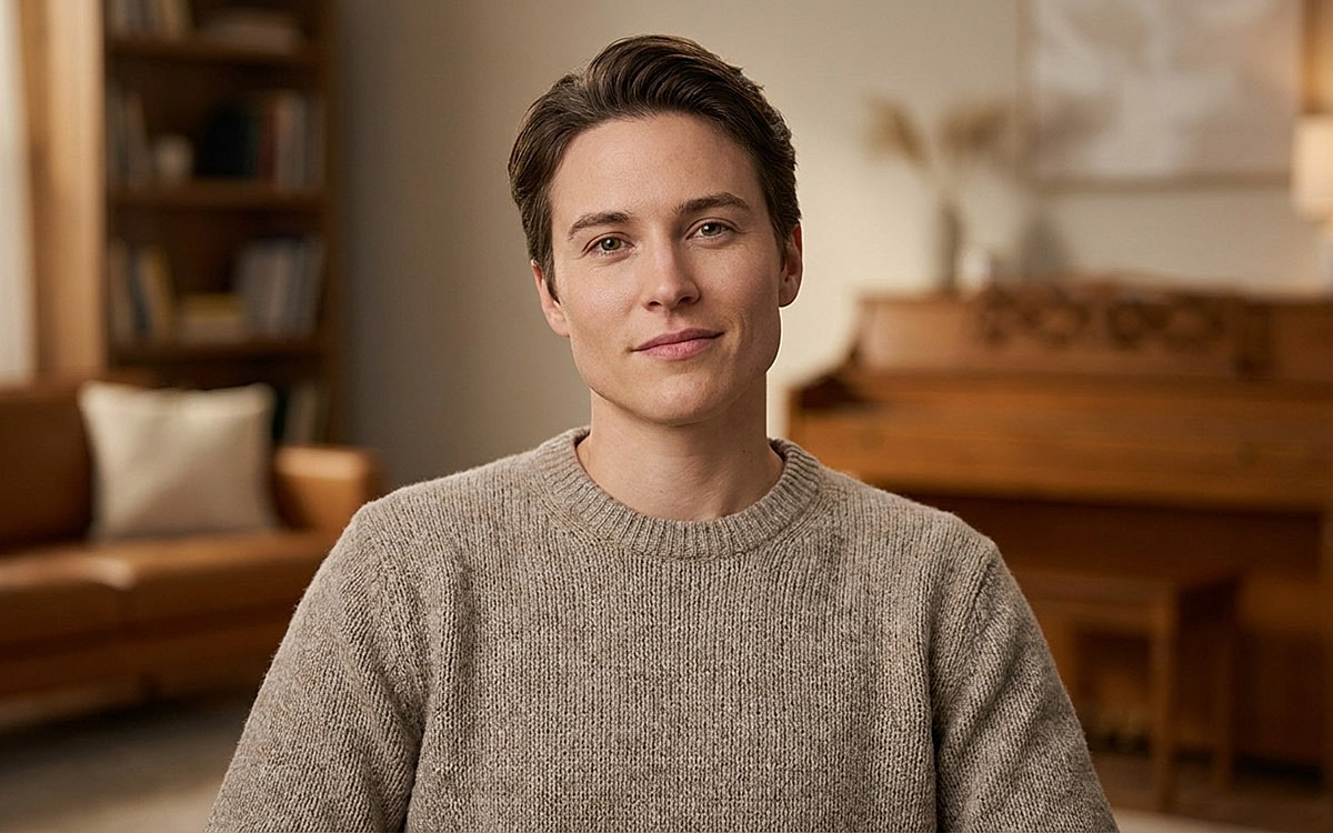 Person smiling in a cozy, modern living room.