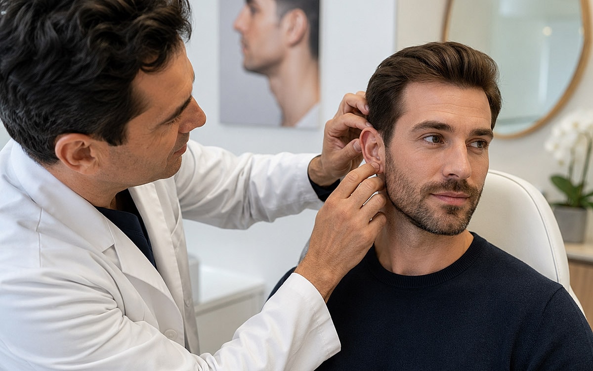 Doctor examining patient's ear in clinic setting.