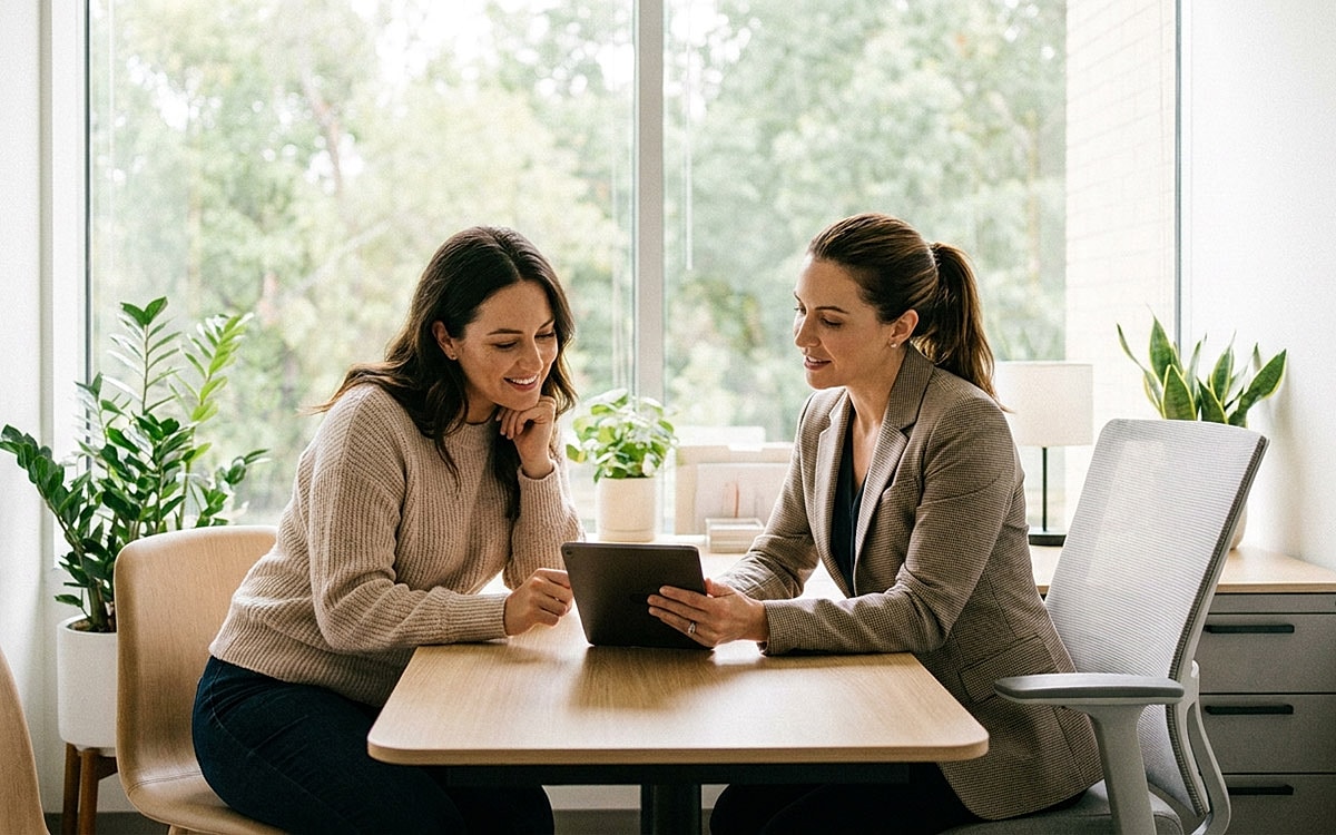 Two women collaborating at a desk.