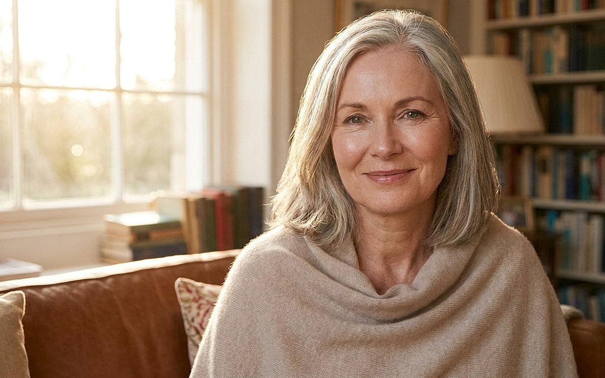 Smiling woman with gray hair indoors, warm atmosphere.