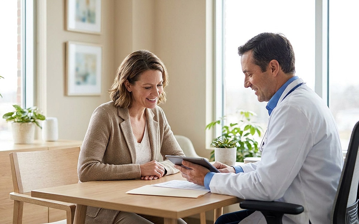 Doctor consulting with patient in office setting.