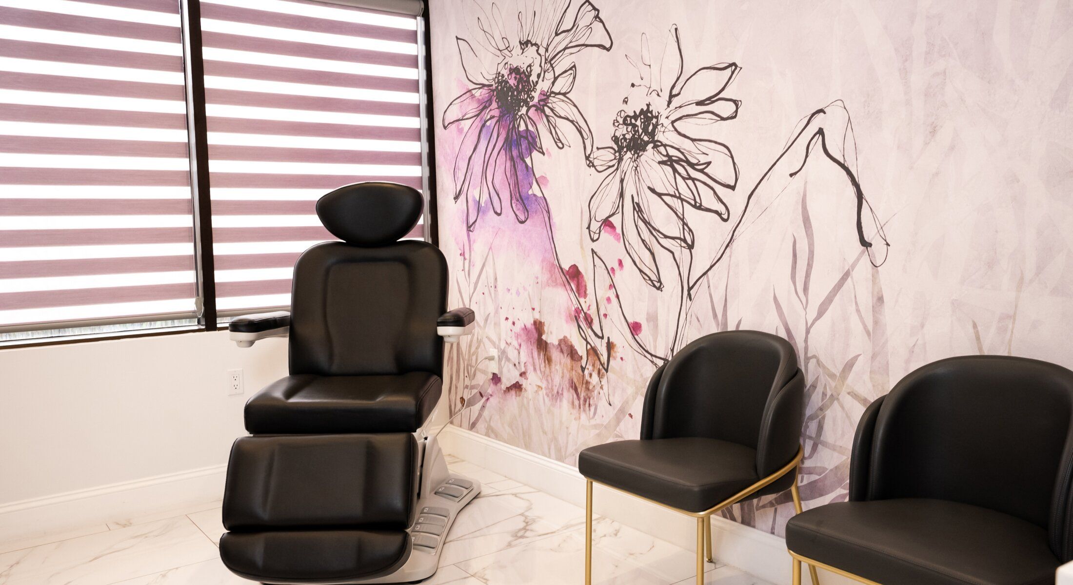Modern waiting area with artistic floral decor.