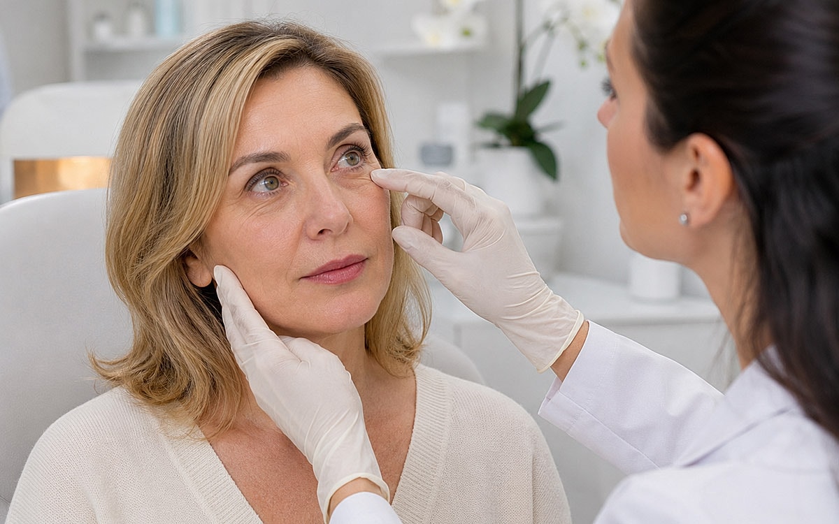 Consultation for skin treatment in a clinic.