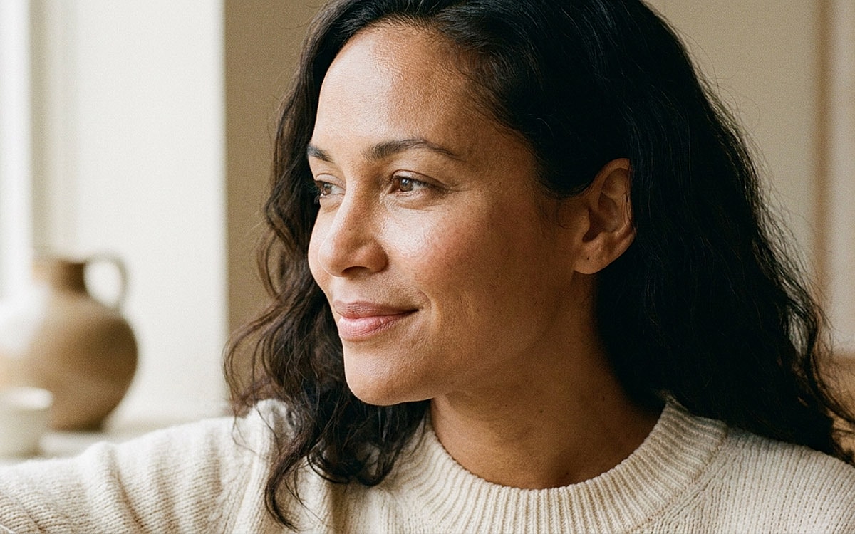 Woman smiling, looking thoughtfully out window.