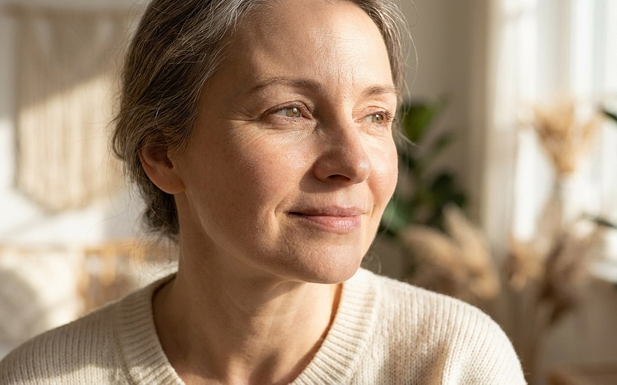 Woman smiling in soft sunlight indoors.
