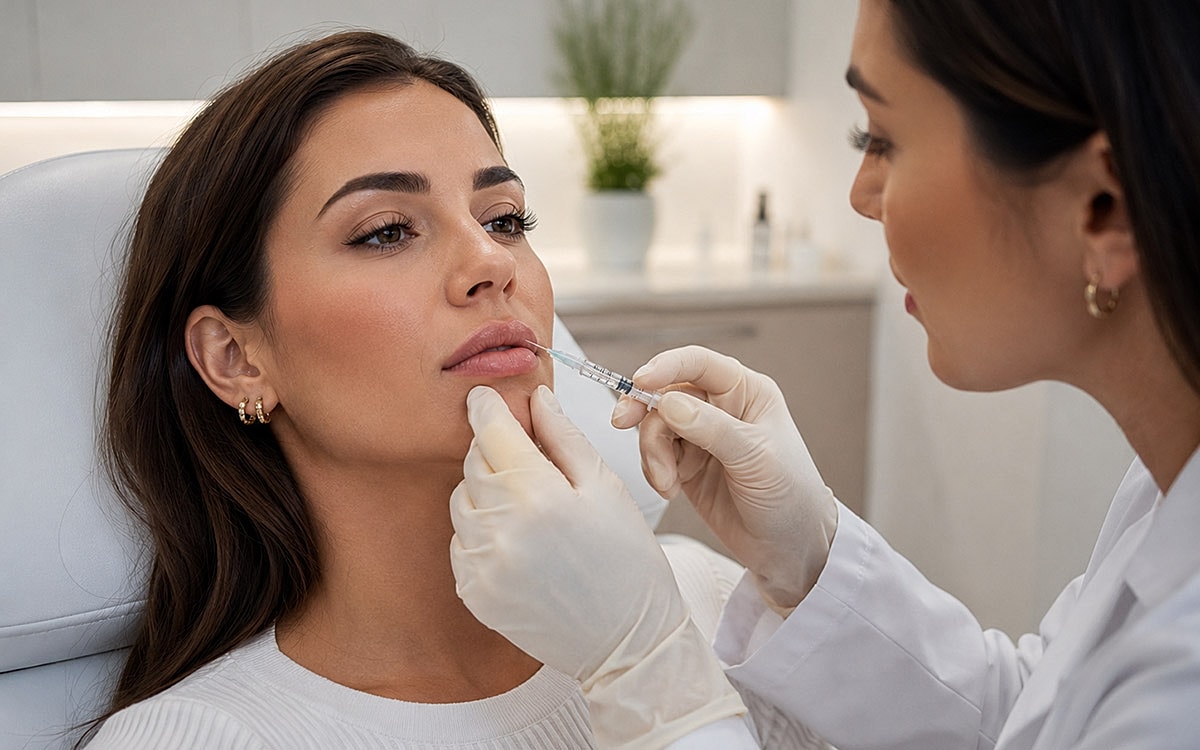Woman getting lip injection treatment in clinic.