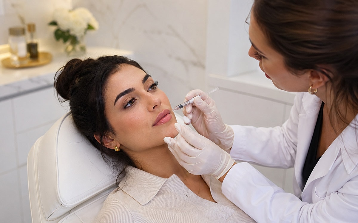 Woman receiving cosmetic injections in a clinic.