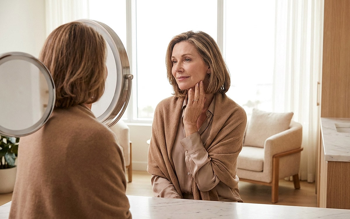 Woman admiring herself in a mirror, soft lighting.