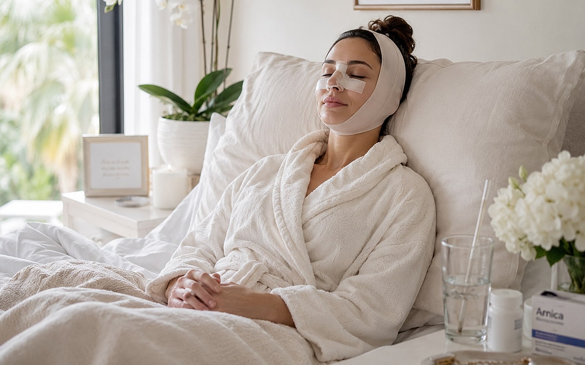 Woman relaxing with facial mask in cozy setting.