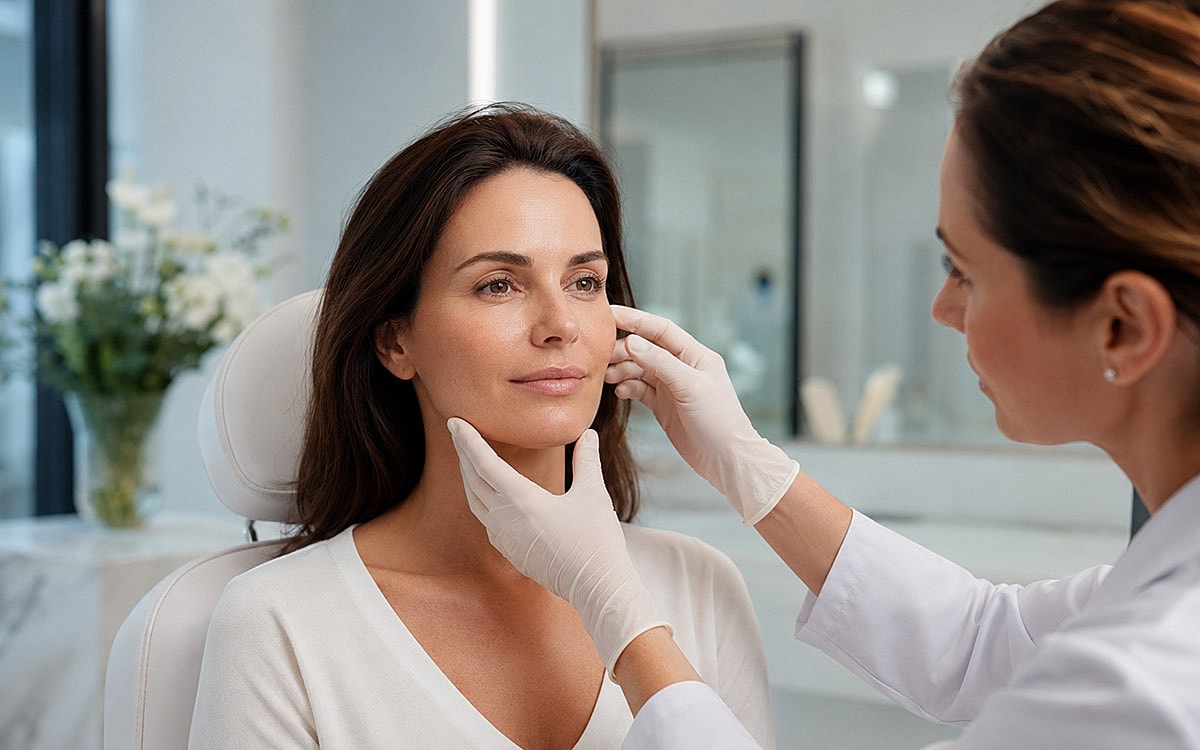 Consultation for skincare treatment in clinic.