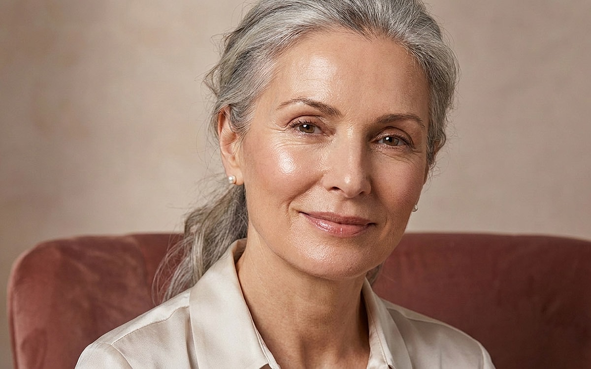 Smiling mature woman with gray hair.